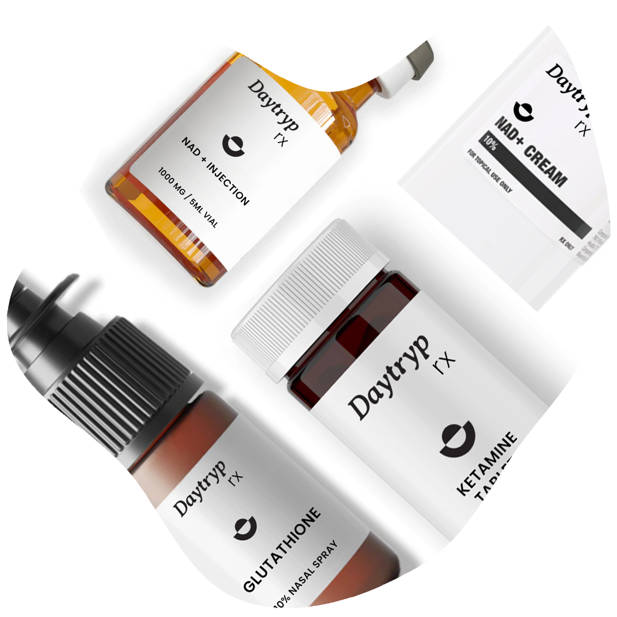 Good Moods Science product collection including NAD+ Injection, Glutathione nasal spray, Ketamine tablets, and NAD+ Cream.